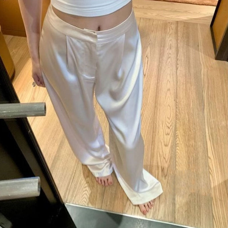 Graceful Casual Pants Slimming White Acetate Satin Wide-leg Pants