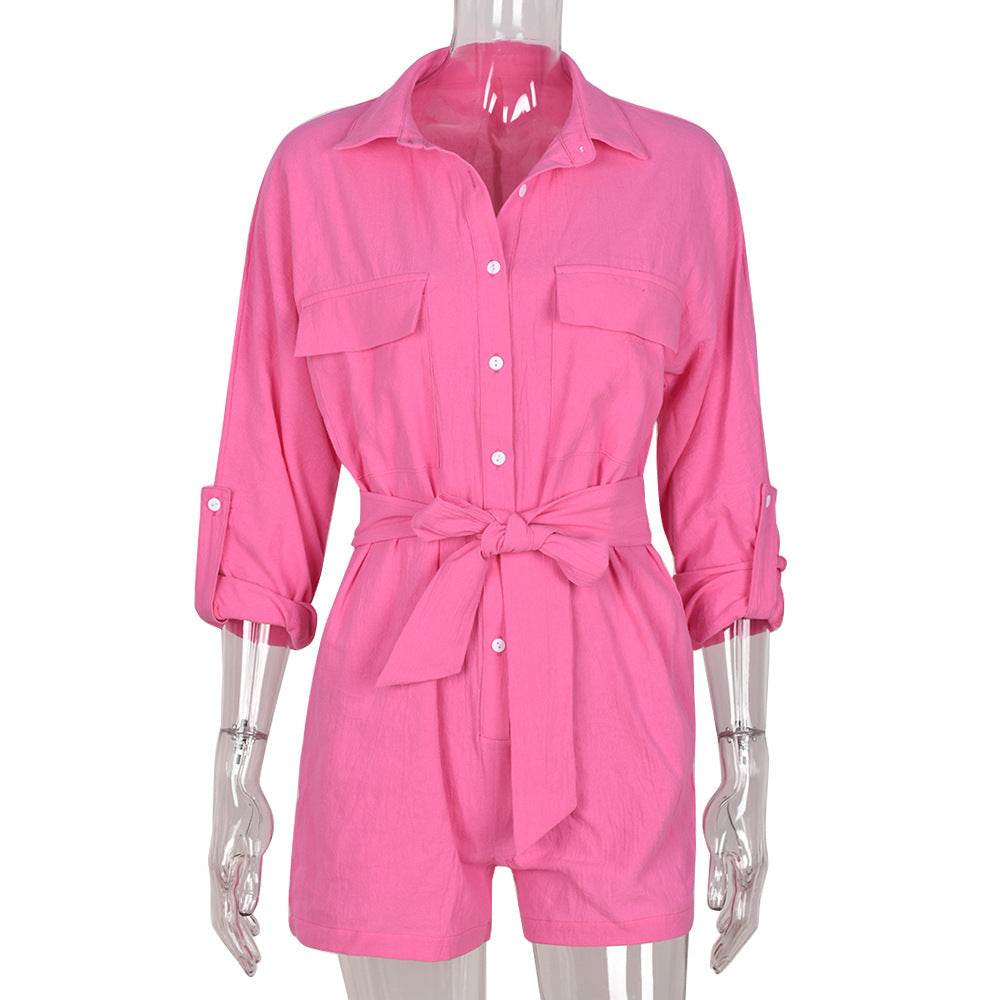 Loose Button Down Shirt Collar Belt Short Sleeve Playsuit