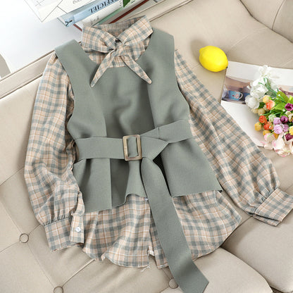 Top + lace-up woolen pullover vest suit