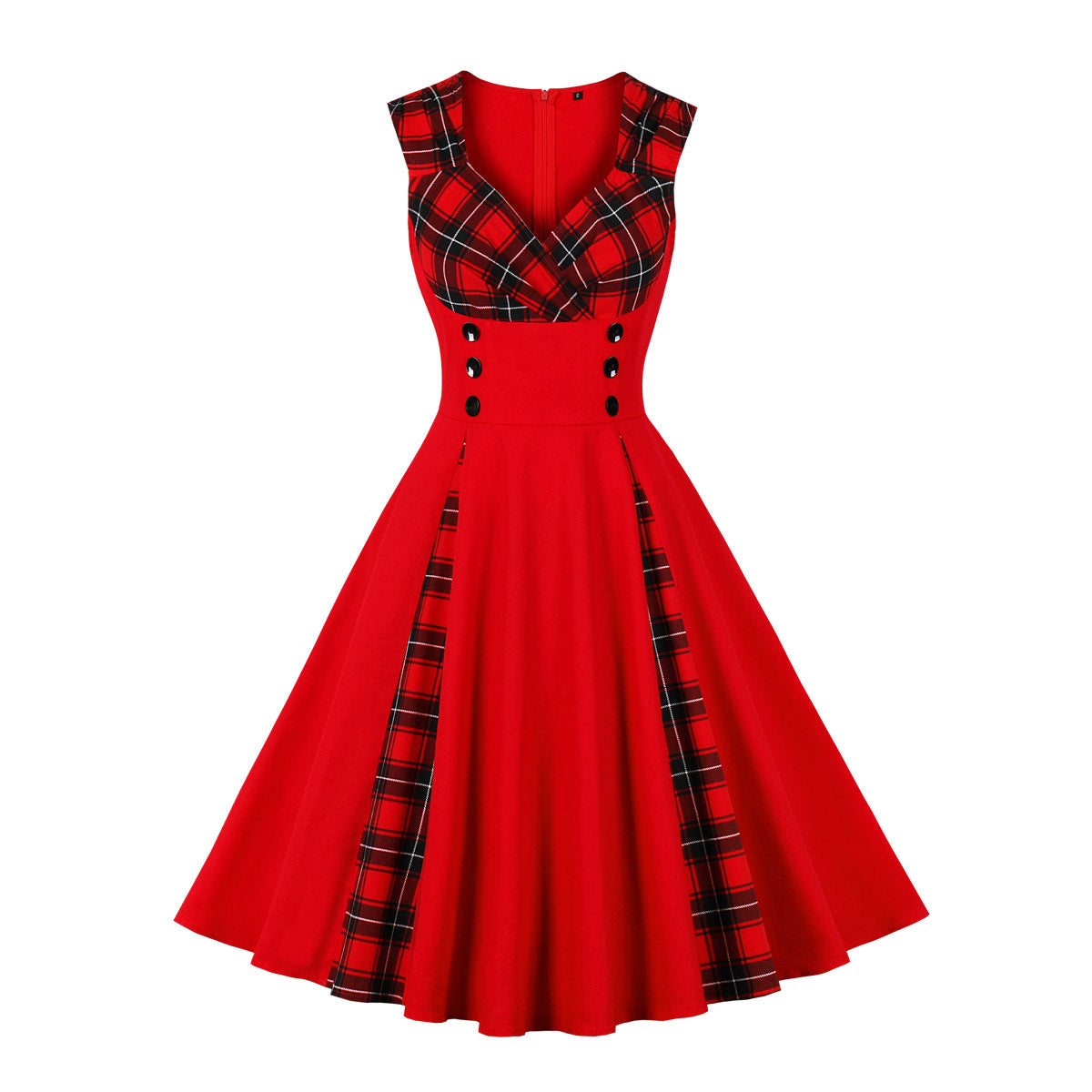 Women's Double Breasted Plaid Printed Sleeveless V-neck Retro Dress