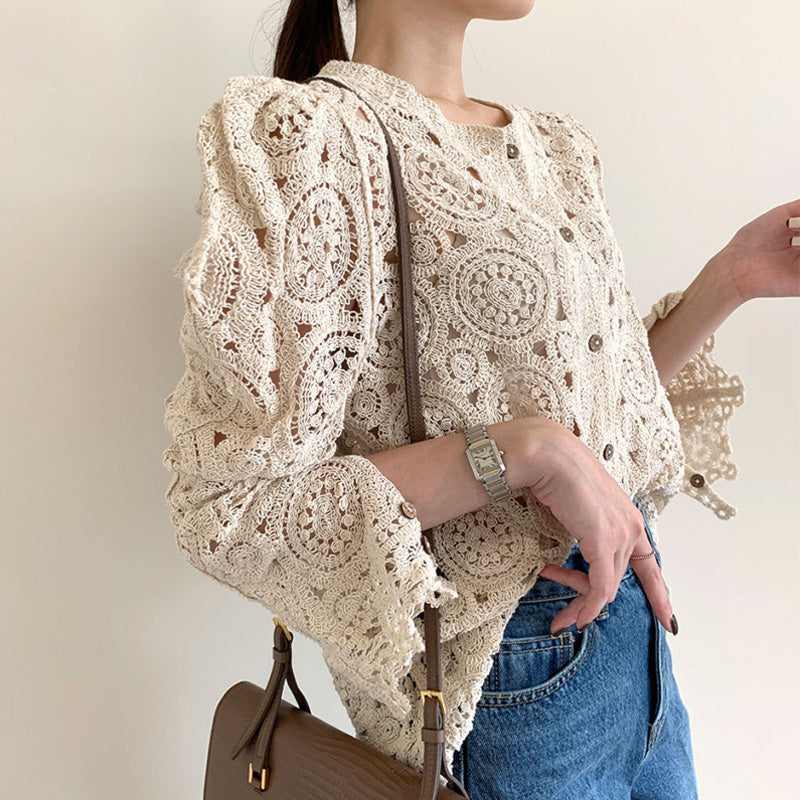 Pull décontracté à manches bouffantes au crochet pour femme