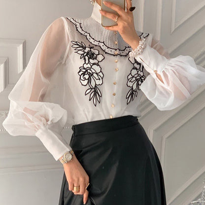 Women's Embroidered Flower Mesh Perspective Lantern Sleeve Shirt