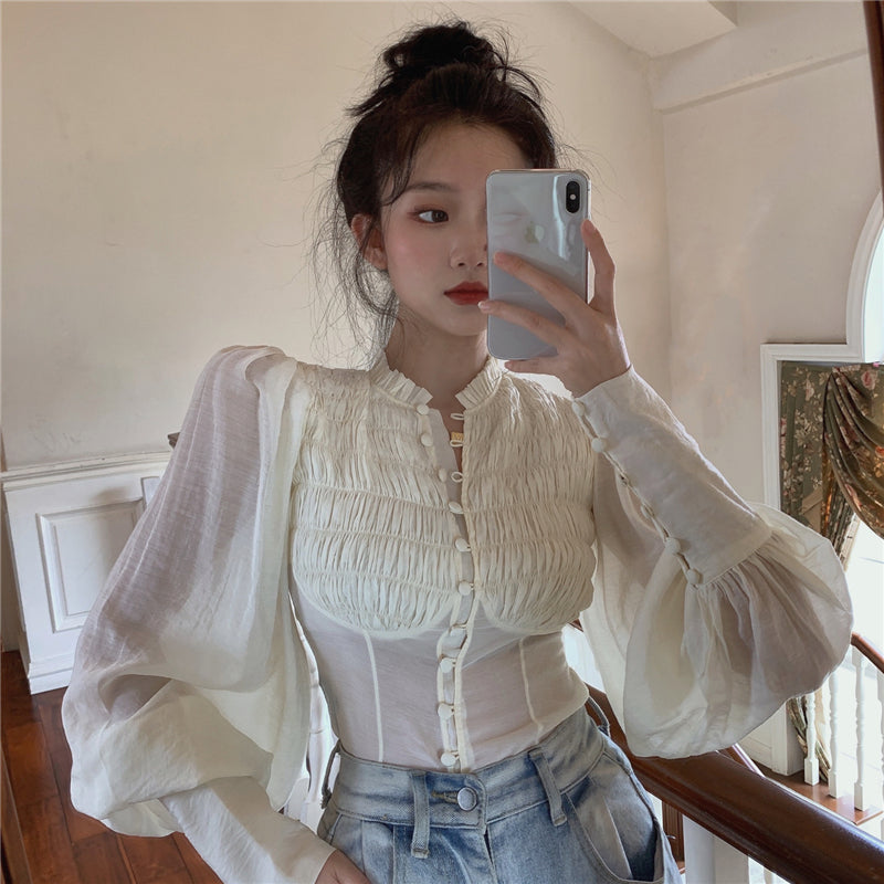 Retro Slim Long Sleeve Shirt Top Women's Short Korean Style Outer Shirt