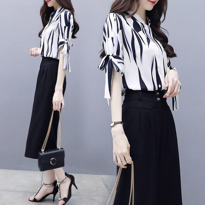 Chiffon shirt plus size thin wide leg pants two-piece suit