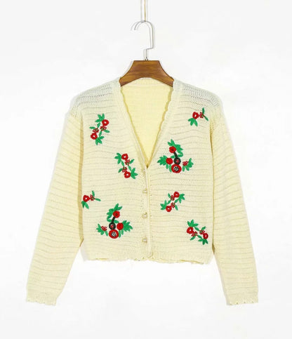 V-neck lace pearl button sweater cardigan