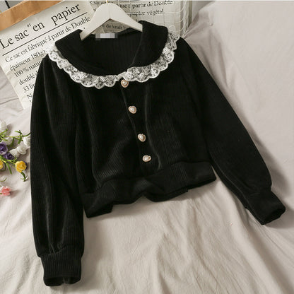 Lace Patchwork Doll Collar Vertical Striped Shirt