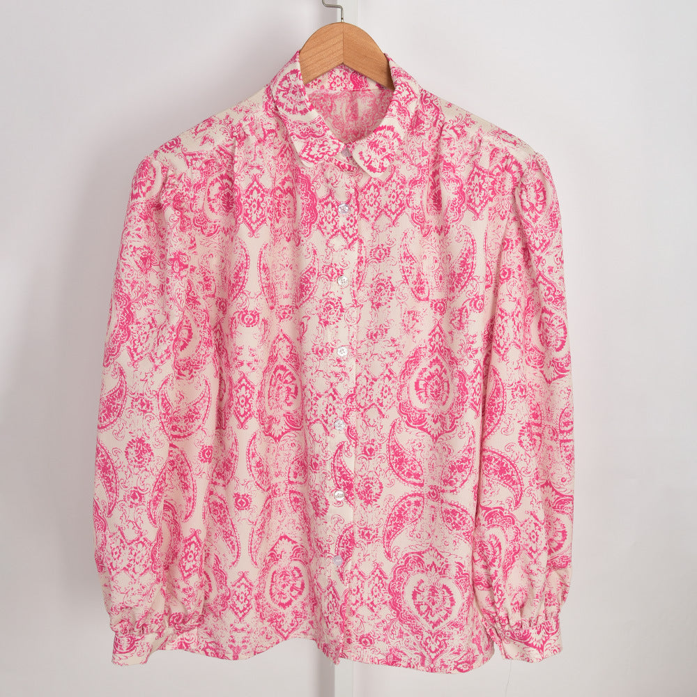 Camisa de nicho con solapa y estampado retro francés para mujer