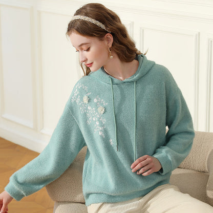 Pull ample doux et collant brodé Sherry à capuche vert pour femme