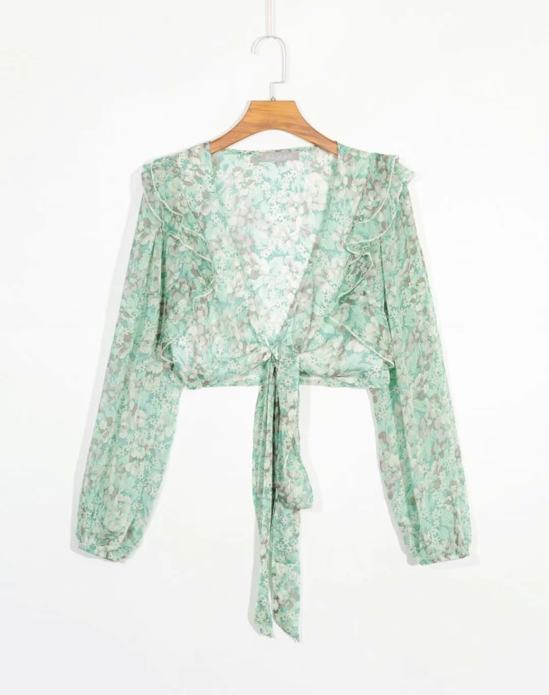 Blouse imprimé fleuri à manches longues et lien profond à encolure en V