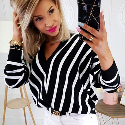 Women's bottoming shirt striped V-neck pullover sweater