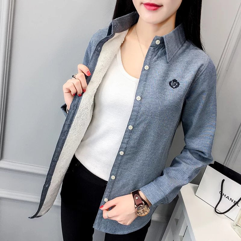 New student embroidery plus velvet shirt women long-sleeved bottoming wild thick warm shirt women