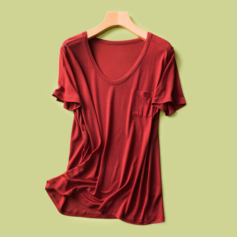 Pocket silk round neck short sleeves