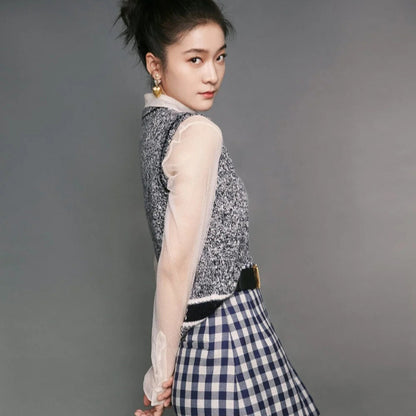 Long Sleeve Temperament Mesh Shirt Knitted Vest Plaid High Waist Skirt Set