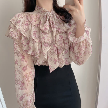 Design Sense Bow Chiffon Shirt Floral Shirt Women's Top