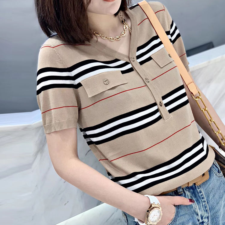 Fake Pocket Striped Ice Silk Sweater Women Short Sleeves