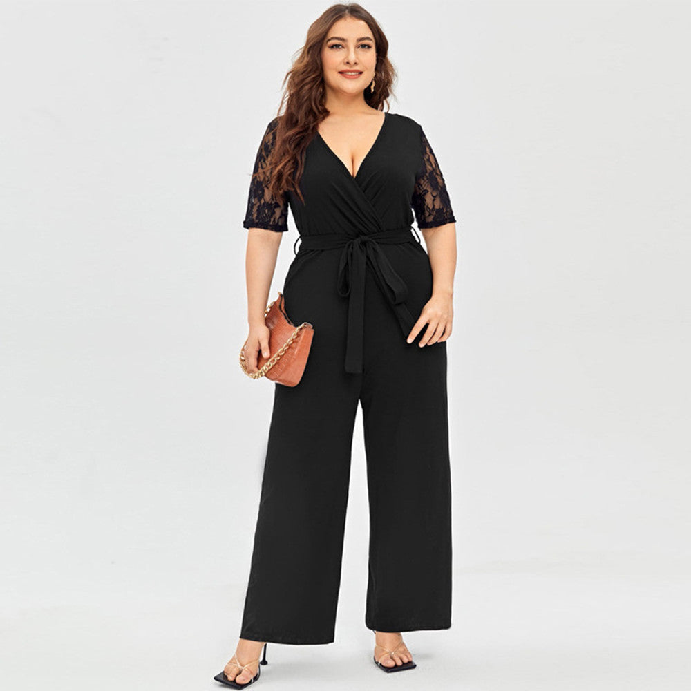 Women's Deep V Neck Lace Short Sleeve Plus Size Jumpsuit