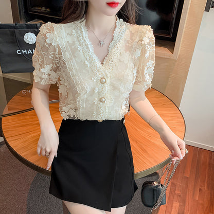 Lace Shirt Three-dimensional Flower V-Neck Puff Sleeve