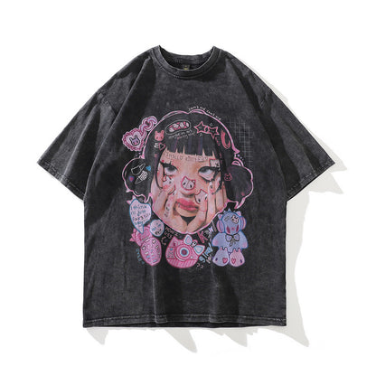 Camiseta de manga corta con estampado de dibujos animados para hombre y mujer, Top holgado de media manga estilo Hip-hop, Retro, lavado antiguo, High Street