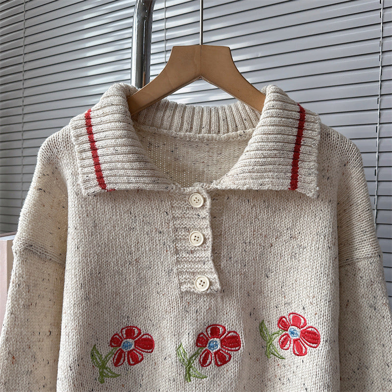 Tricot japonais chic à petite fleur avec col polo de haute qualité