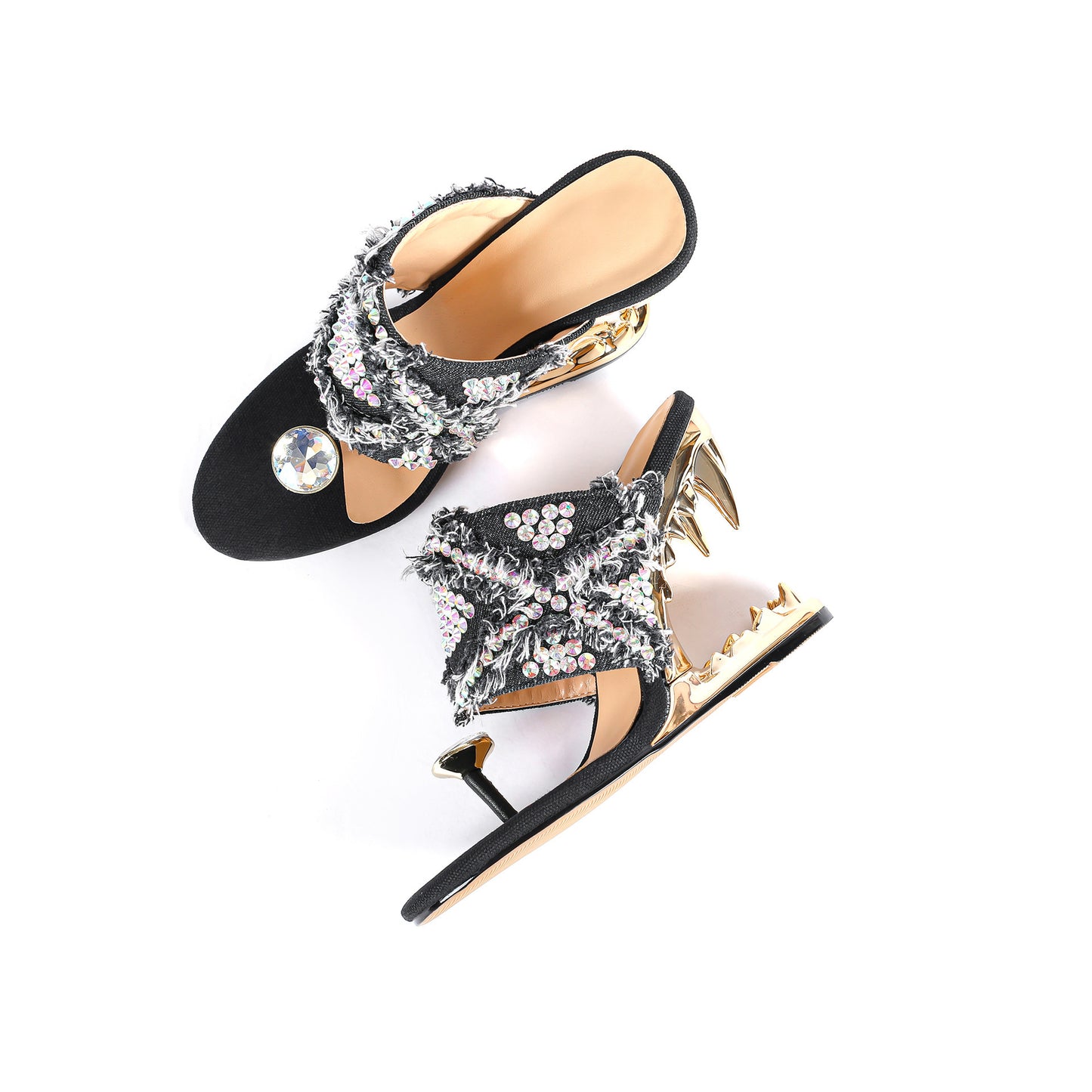 Rhinestone Round Toe Clip Toe Slip-on Metal Teeth Profiled Heel Women's High Heel Plus Size Shoes