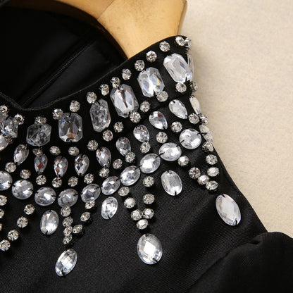 Handmade Beads Rhinestones Stand-up Collar Cinched Long Sleeve Dress