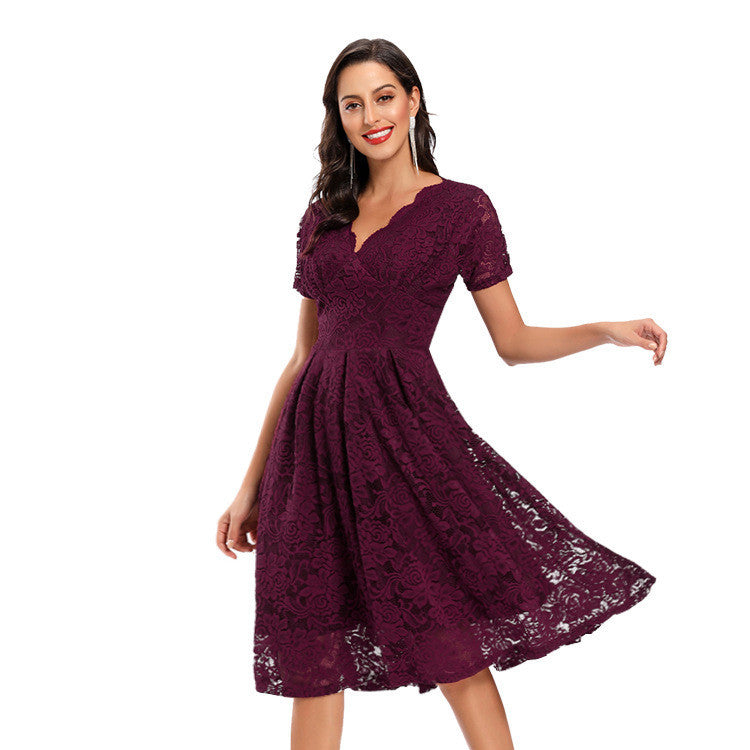 V-neck Mid-length Lace Swing Dress