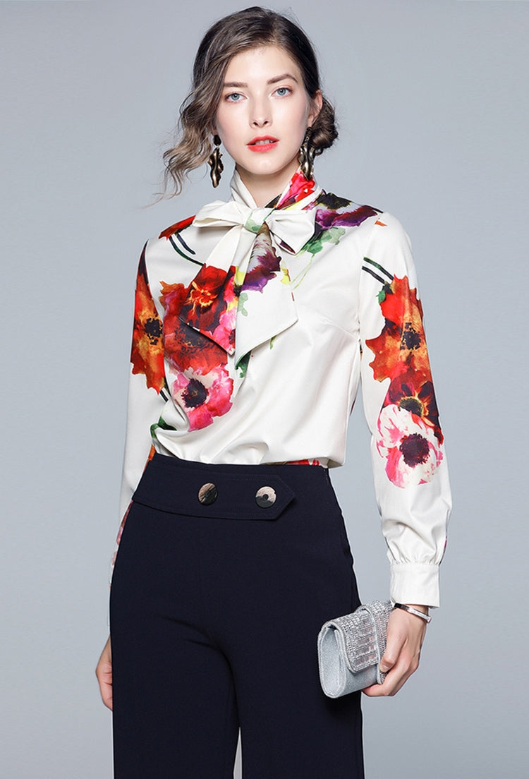 Long Sleeve Bow Ribbon Print Fashion Women's Shirt