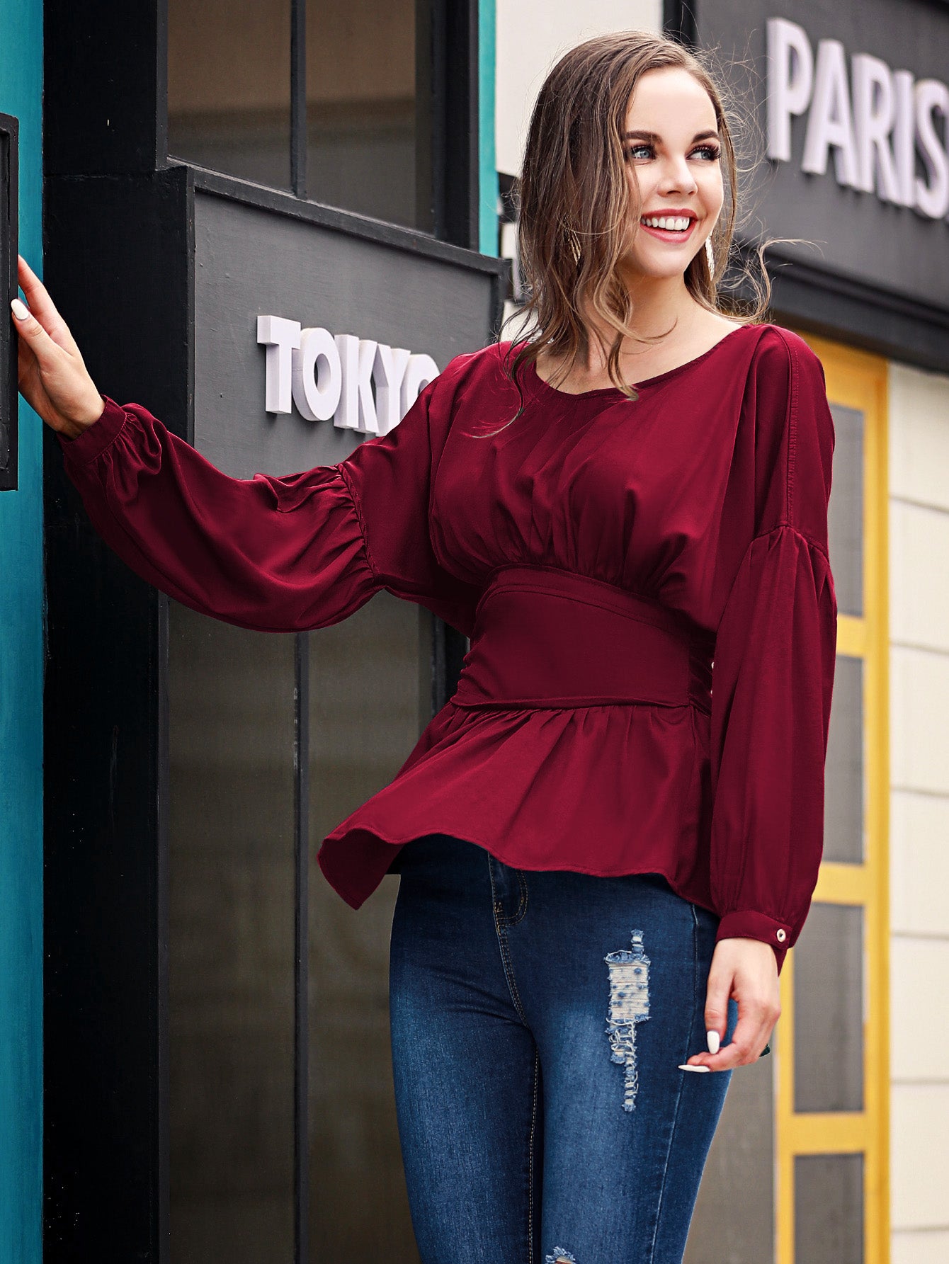 Exposed Seams Round Neck Dropped Shoulder Blouse