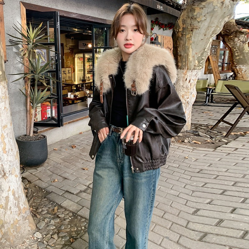 Real Shot Brown Rabbit Fur Liner Leather Jacket