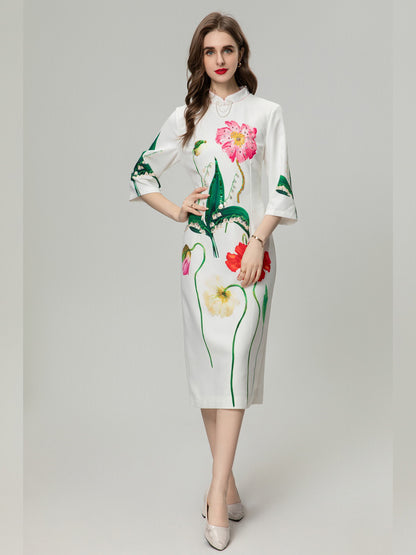 Positioning Printing Flower Heavy Industry Beads 34 Sleeve Dress