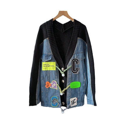 Denim Stitching Sweater Cardigan For Women Loose Knitted Coat