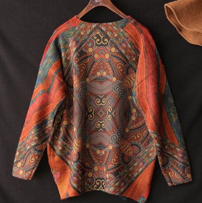 Women's Vintage Printed Imitation Mink Round Neck Sweater