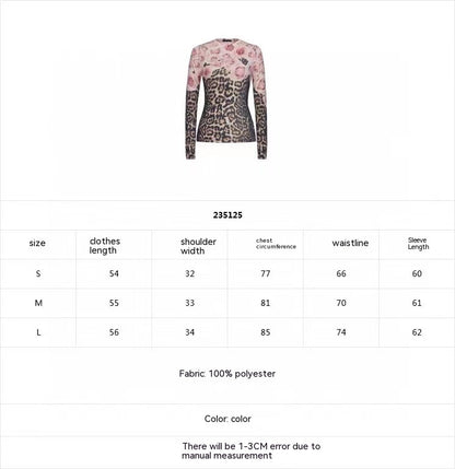 Distressed Rose Leopard Print Ethnic Print Tight Long Sleeve Top