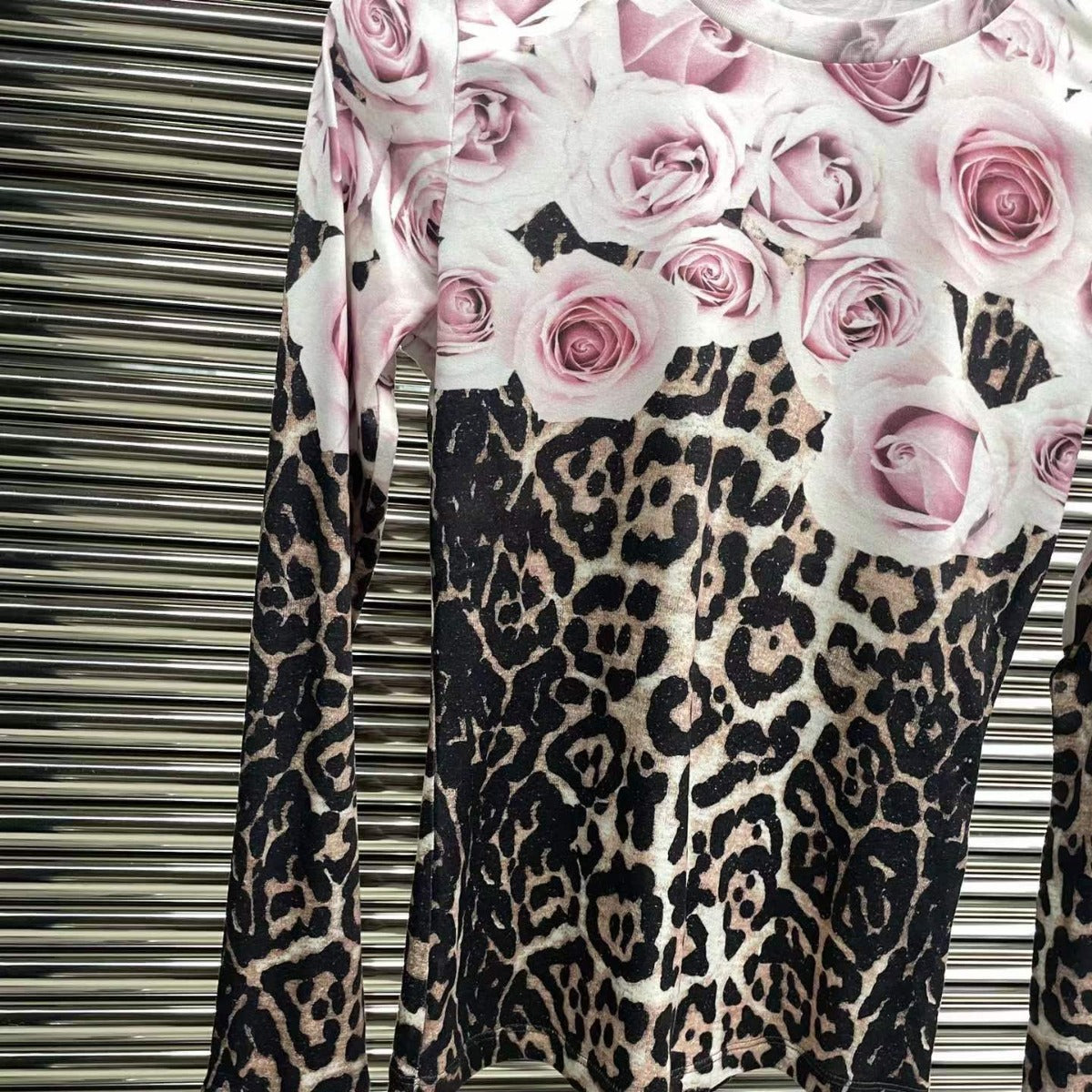 Distressed Rose Leopard Print Ethnic Print Tight Long Sleeve Top