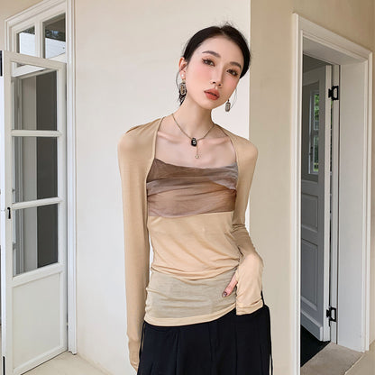 Mesh T-Shirt Women's Early Spring Design Sense Niche Square Collar Long Sleeve