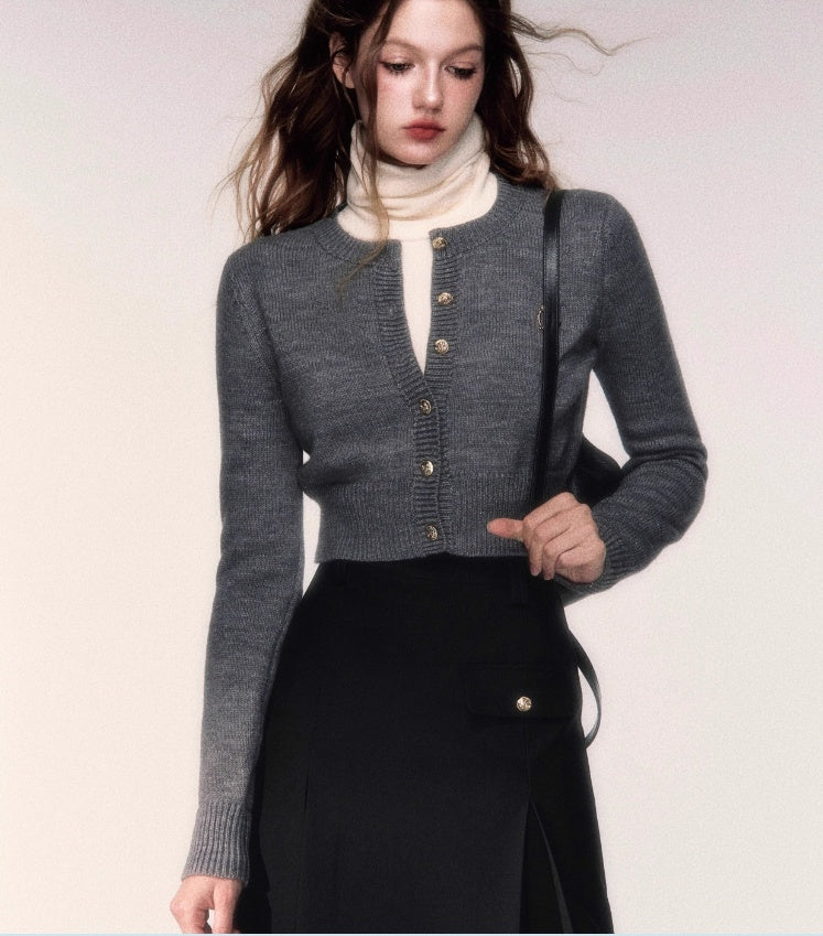 Short Round Neck Wool Sweater Cardigan Coat