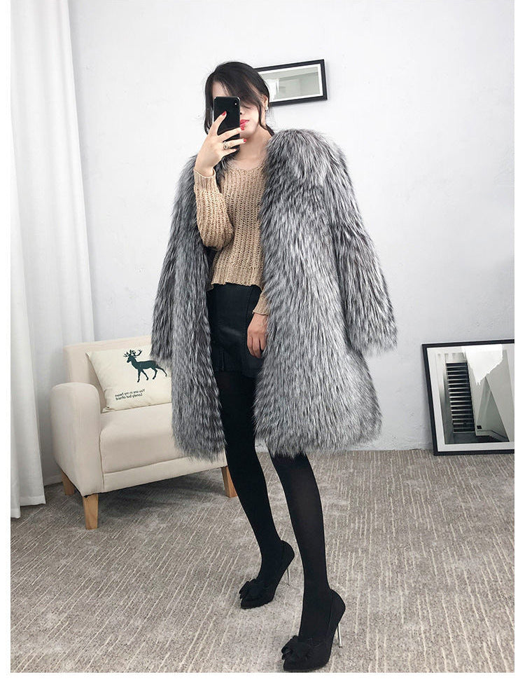 Mid-length Fox Fur Faux Fur Coat Women's Warm Leisure Overcoat