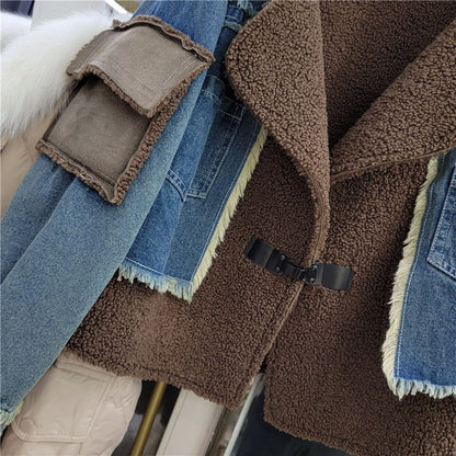 Women's Winter Design Stitching Lamb Wool Denim Coat