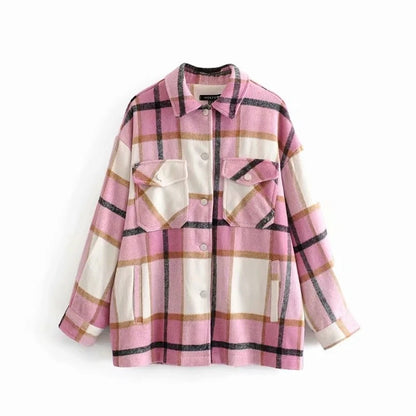 Lazy style lapel classic plaid tweed loose shirt jacket