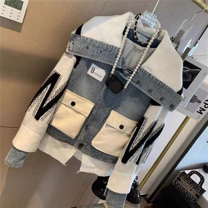 Sweater Patchwork Denim Jacket Spring And Autumn Leisure Design Sense