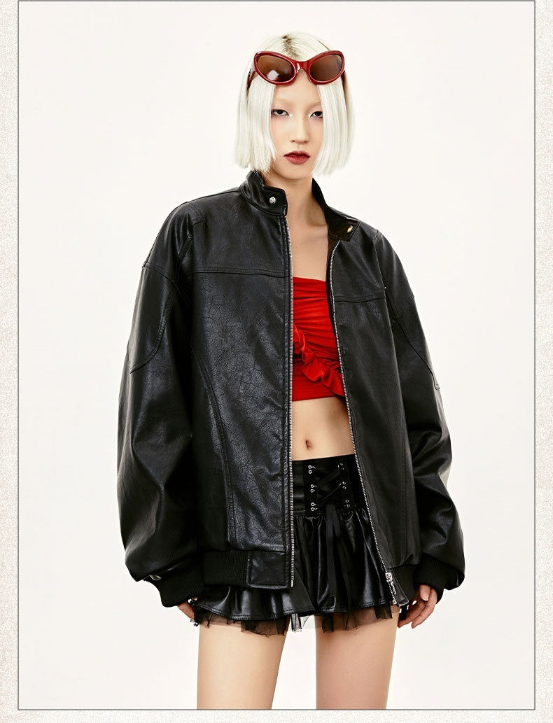 Retro Street Maillard PU Leather Color Rivet Coat