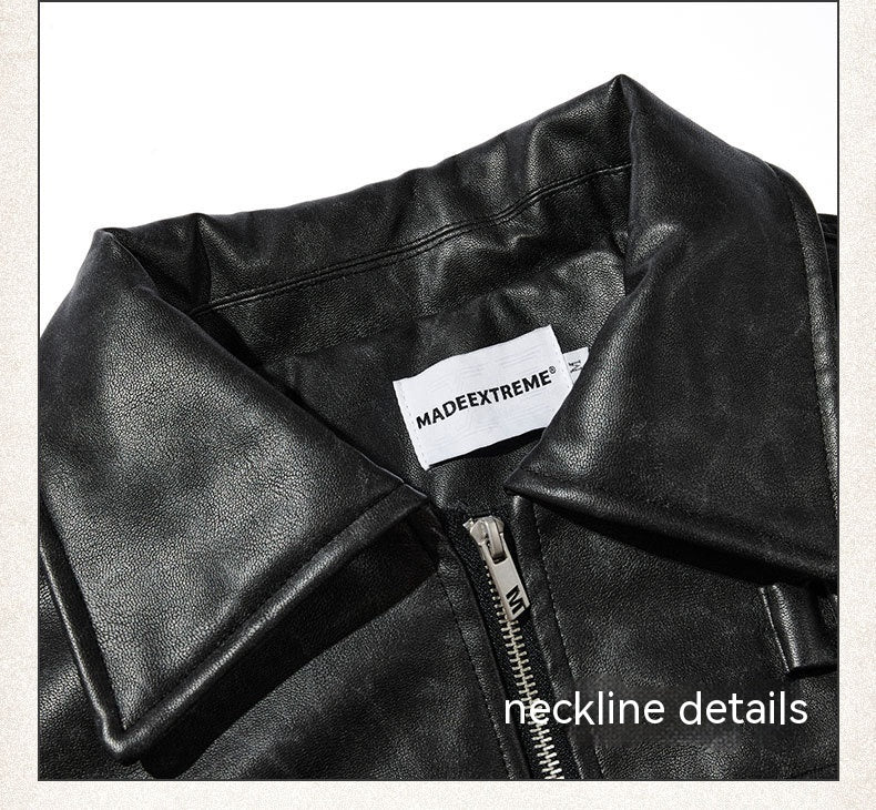 American Street Retro Large Pocket Lapels PU Leather Coat