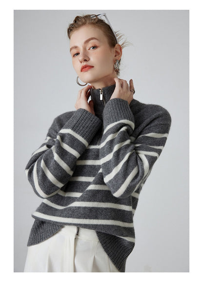 Women's Thick Black And White Striped Zipper Turtleneck Cashmere Sweater