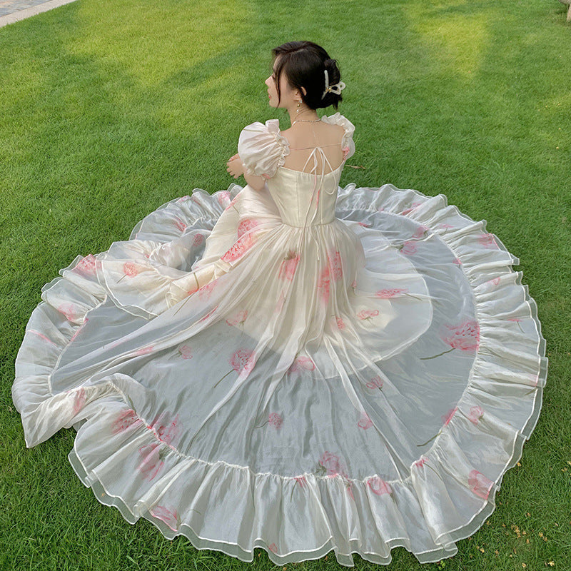 Vestido floral con mangas abullonadas y falda de vacaciones junto al mar para mujer