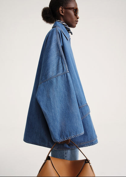 Manteau en denim mi-long à épaules tombantes en coton de style ligne A