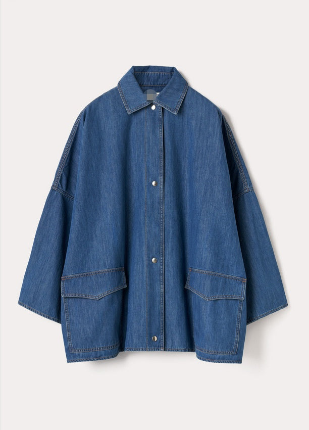 Manteau en denim mi-long à épaules tombantes en coton de style ligne A