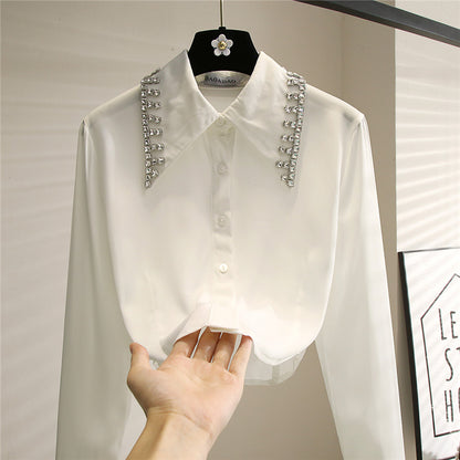 Cárdigan de manga larga Camisa blanca corta con diamantes de imitación