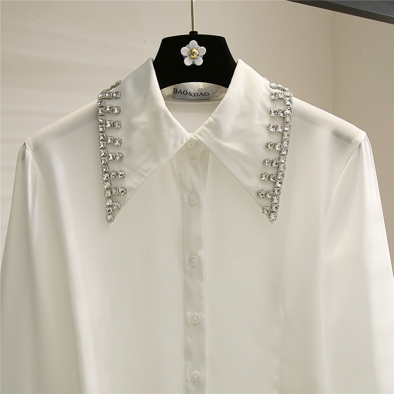 Cárdigan de manga larga Camisa blanca corta con diamantes de imitación