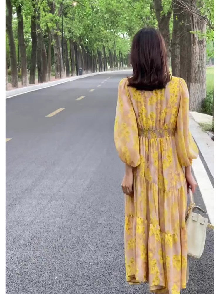 Vestido floral de mujer francesa de verano y otoño