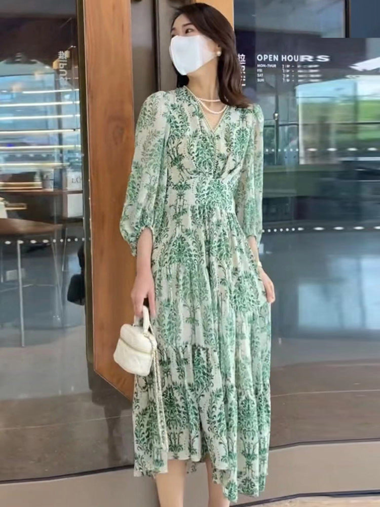 Summer And Autumn French Women Floral Dress